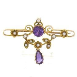 Victorian 15kt Yellow Gold Old Cut Amethyst and Seed Pearl Brooch or Pendant