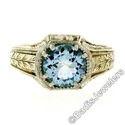 Art Deco 14kt Yellow Gold 1.45 ctw Round Aquamarine Solitaire Ring