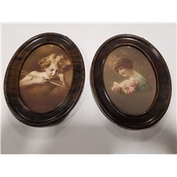 Lot of 2 Antique Framed Print in Oval Tin Frames