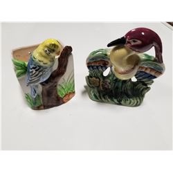 Lot of 2 Vintage Chalkware Tropical Birds: Planter & Vase