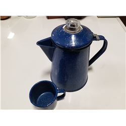 Blue Enamel Camp Coffe Pot with Matching Tin Cup