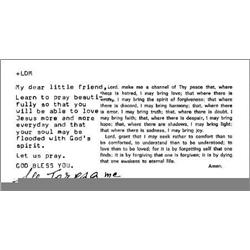 Mother Teresa. Small sheet bearing pray