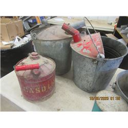 3 Gas Cans, Coop Grease Can & 2 Canadian Tire Outboard Motor Oil w