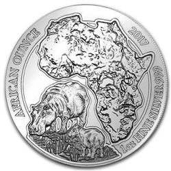 Rwanda .9999 Fine Silver Silver BU Hippo Coin. 1oz.