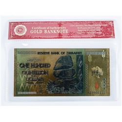 24 Carat Gold Leaf Reserve Bank of Zimbabwe 'One Hundred Quintillion Dollars'