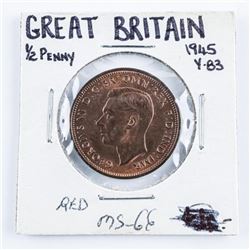 1945 Great Britain 1/2 Penny Y-83 Red MS-66