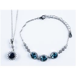925 Silver Jewellery Set, Oval and Round Genuine Blue Sapphire Necklace and Bracelet Set