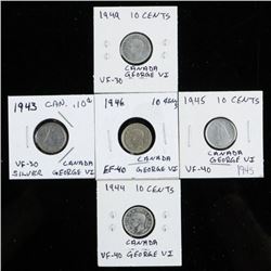 Group (5) Canada Silver 10 cents - George VI 1943-1949 Era