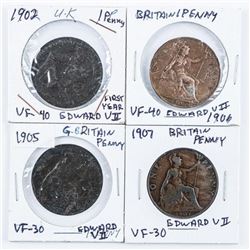 Group of (4) Great Britain Edward VII - 1 Penny Coin (vf) 1902,1905, 1906, 1907