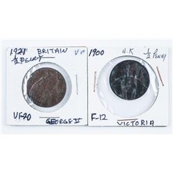 Lot (2) 1900 and 1921 Great Britain Victoria and George 1/2 Penny