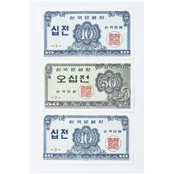 Group of (3) Bank of Korea 1962, Notes 2 x 10 Joen, 1 x 50 Joen GEM UNC