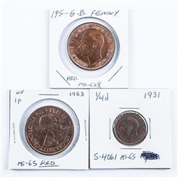 Group of (3) Coins of Great Britain 1953 and 1951 Red MS65 - Penny 1931 1/4d MS65 S-4046