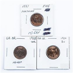 Group of (3) Great Britain Farthings (MS64) 1881, 1938, 1950