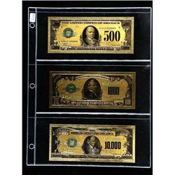 Group (3) 24kt Gold USA Collector Notes, 500, 1000 and 10,000