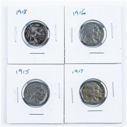 Lot (4) 1915-1916-1917-1918 USA 5 Cents, Indian/Buffalo