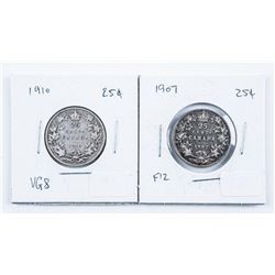 Lot (2) Canada Silver 25 Cen: 1907 and 19010 F12 VG8