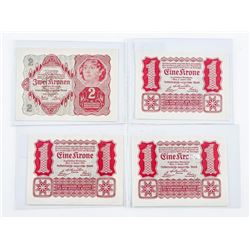 Group of (4) Austria 1922 Austrian Government 1 Kronen x 3, Plus 1 x 2 Kronen AU-UNC (OXR)