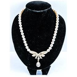 925 Silver Handmade Pearl Necklace and Pendant Yellow Gold Plated 16" Pearls 8.00mm 30ct Swarovski