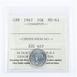 1947 Canada Silver 10 Cent MS63. ICCS