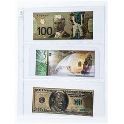 Group (3) 24kt Gold Notes Includes .9999 Fine Pure Gold Bar in Note.