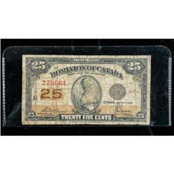 Dominion of Canada 1923 25 Cent Note. 2 Signature Sets