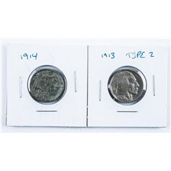 Lot (2) 1913 Type 2 and 1914 USA Nickels Indian/Buffalo
