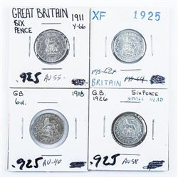 Group of (4) Great Britain 6 Pence Coins 1911, 1918, 1925, 1926 925 Silver