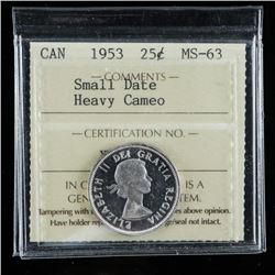 1953 Canada 25 Cent MS63. Small Date. Heavy Cameo ICCS