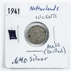 Netherlands 1941 Drilled Ten Cents .640 Silver