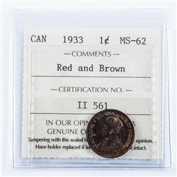 1933 Canada 1 Cent MS62. Red and Brown ICCS