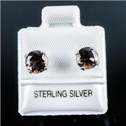 925 Silver Stud Earrings 1.70ct Round Smokey Topaz