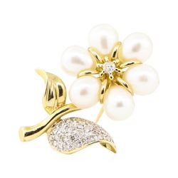 0.44 ctw Diamond and Pearl Flower Pin - 14KT Yellow Gold