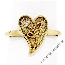 Vintage 14kt Yellow Gold Twisted Wire Heart Ring w/ Single Cut Diamond