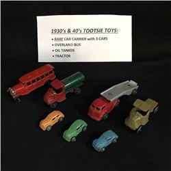 1930's & 40's TOOTSIE TOYS: (RARE CARRIER w/ 3 CARS, OVERLAND BUS, OIL TANKER, TRACTOR)