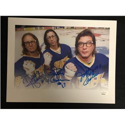 SLAP SHOTS  HANSON BROTHERS  TRIPLE SIGNED 8X10 PRINT (JSA COA)