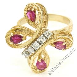 Vintage Detailed 14kt Yellow Gold 1.35 ctw Pear Ruby Round Diamond Open Butterfl