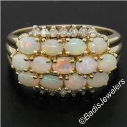 14kt Yellow Gold 1.80 ctw Oval Cabochon Opal and Round Diamond Wide Band Cluster