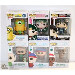LOT OF 6 ASSORTED FUNKO POPS;  VARIETY  PACK