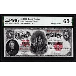 1907 $5 Woodchopper Legal Tender Note Fr.91 PMG Gem Uncirculated 65EPQ