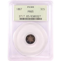 1867 Proof Three Cent Silver Coin PCGS PR65 Old Green Holder Nice Toning