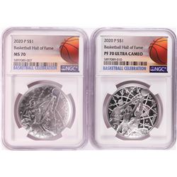 Lot of (2) 2020 P $1 Basketball Hall of Fame Silver Coin NGC MS/PF70