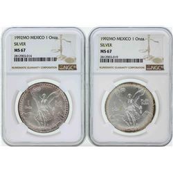 Set of (2) 1992MO Mexico 1 Onza Silver Libertad Coins NGC MS67