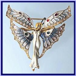 ERTE INSPIRED FAIRY PIN BROOCH 24K GOLD & CRYSTAL