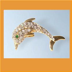 DOLPHIN 24K GOLD SWAROVSKI CRYSTAL  BROOCH PIN
