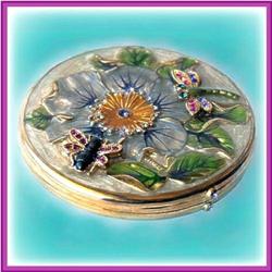 GOLD SWAROVSKI CRYSTAL COMPACT PURSE MIRROR FLOWER 24K