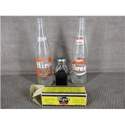 2 - Hires Root Beer Bottles & Hires Extract Bottle & Box