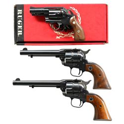 3 RUGER BLUED REVOLVERS.