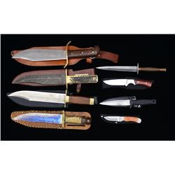 8 VARIOUS KNIVES, MOST W/ SHEATHS.