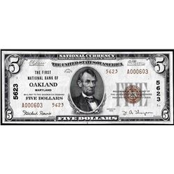 1929 Type 2 $5 First NB in Oakland, Maryland CH# 5623 National Currency Note