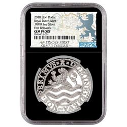 2018 Netherlands 1 oz. Silver Lion Dollar Coin NGC Gem Proof First Release Black Core